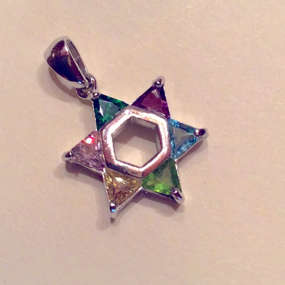 New Sterling Silver Star of David pendant, Multi color CZs no chain 3/4”dia.